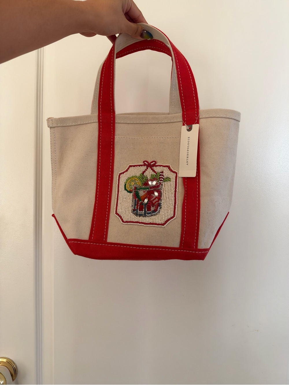 Anthropologie hartley Red-Trim Canvas Tote with beaded cocktail NWT